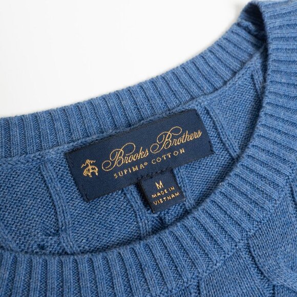 Brooks Brothers Cable Knit Sweater Supima Cotton Crewneck Blue Mens Medium NEW - Picture 4 of 10